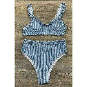 BeachSissi 2-Piece Bikini Bathing Suit Large Blue/White High Waist Stripe Ruffle